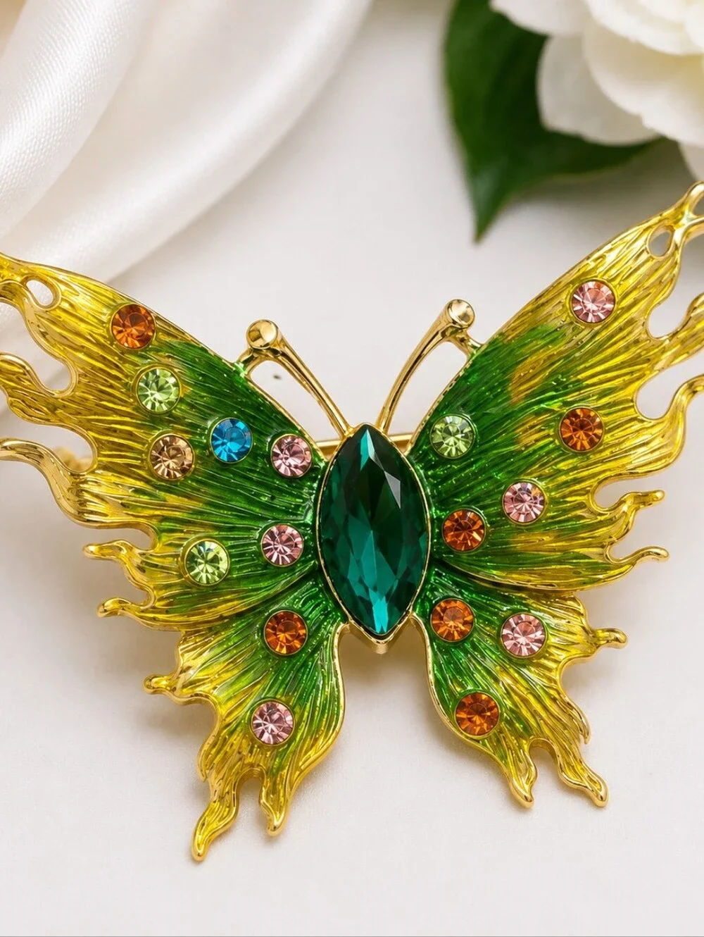 Green Butterfly Rhinestone Brooch Pin | Gold Tone | Statement Piece